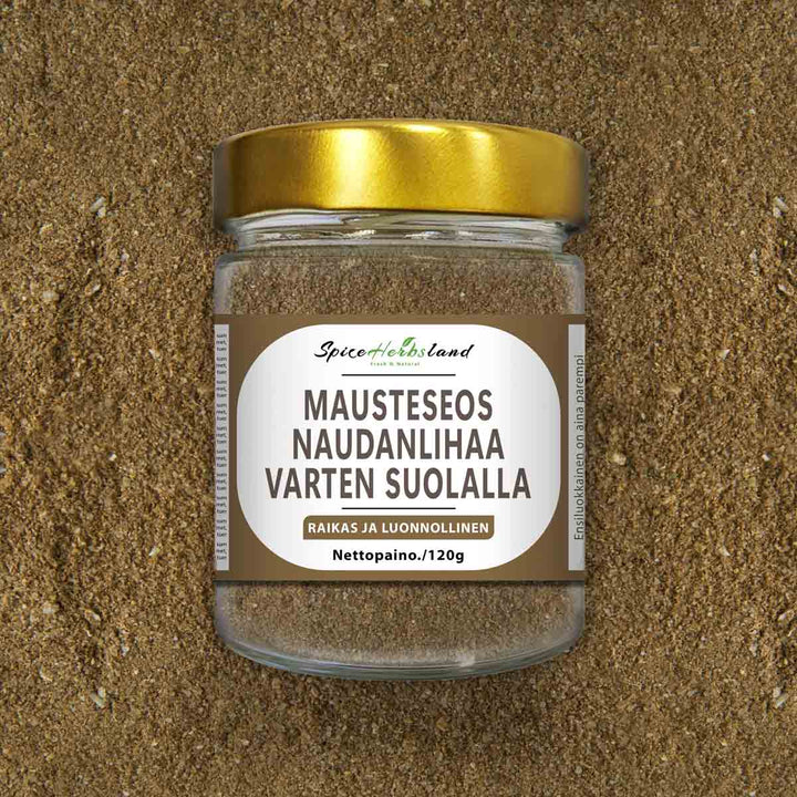 Mausteseos naudanlihaa varten suolalla